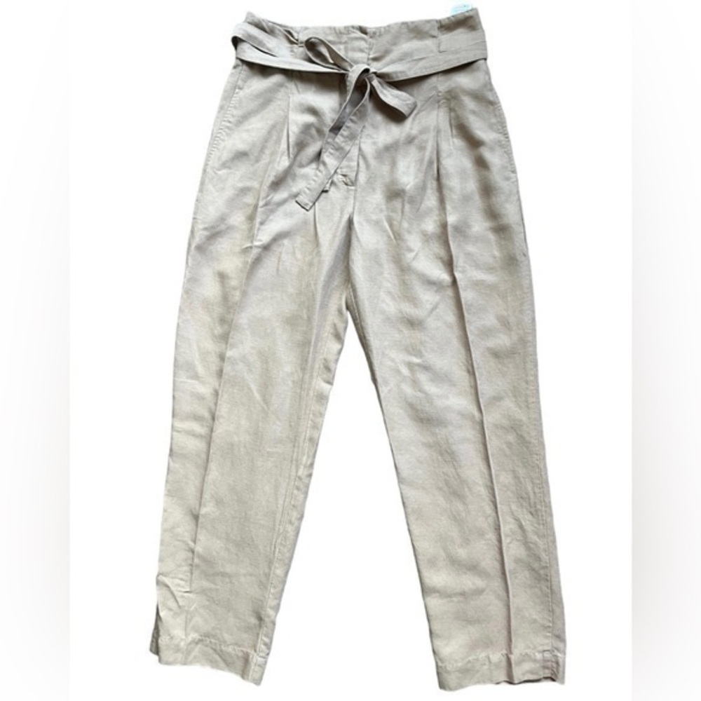 Aritzia Wilfred Tan Paper Bag Belted Pants  Linen Blend size 8.